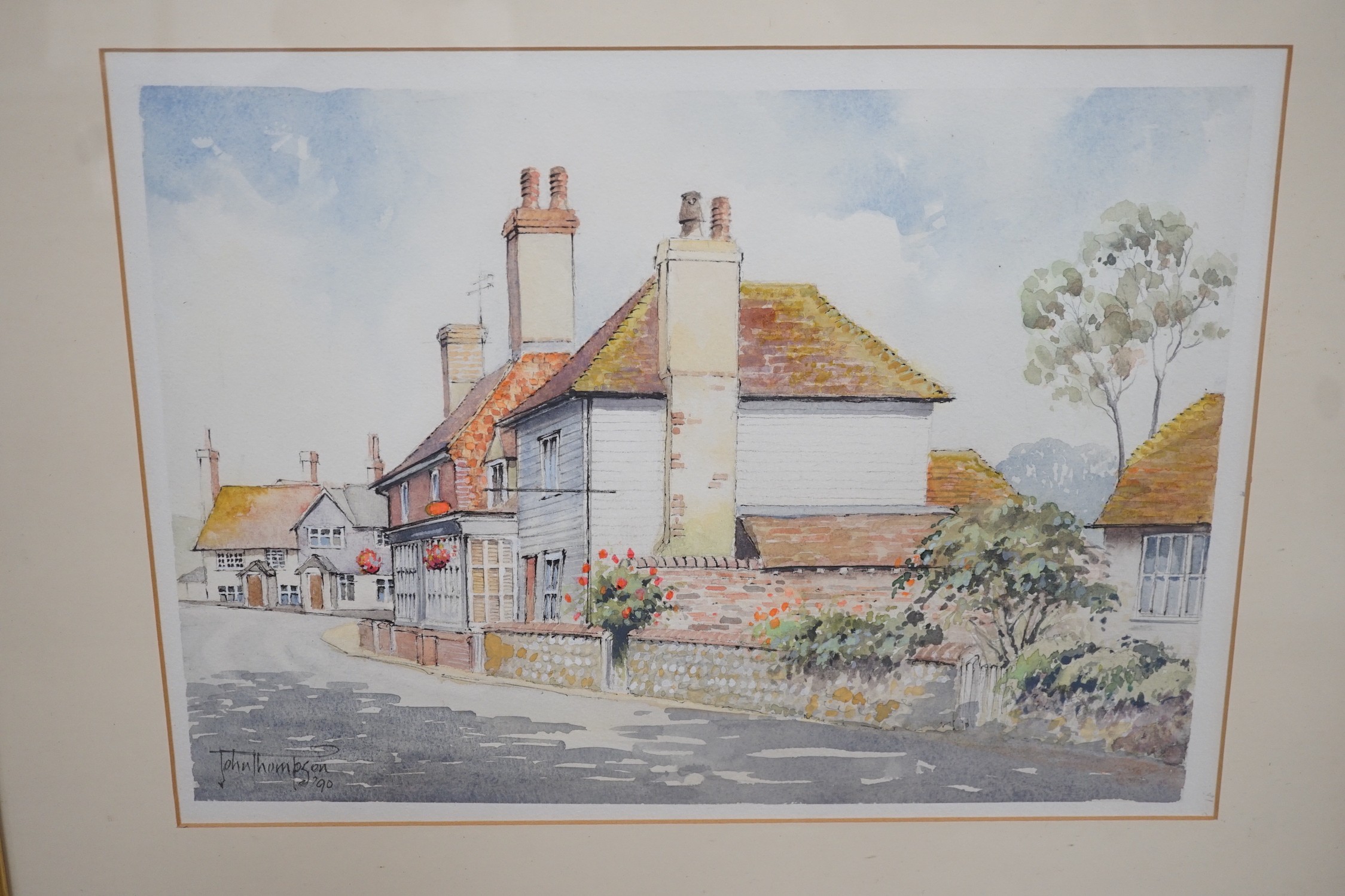 Three assorted watercolours of Glynde and a colour print, largest 40 x 49cm